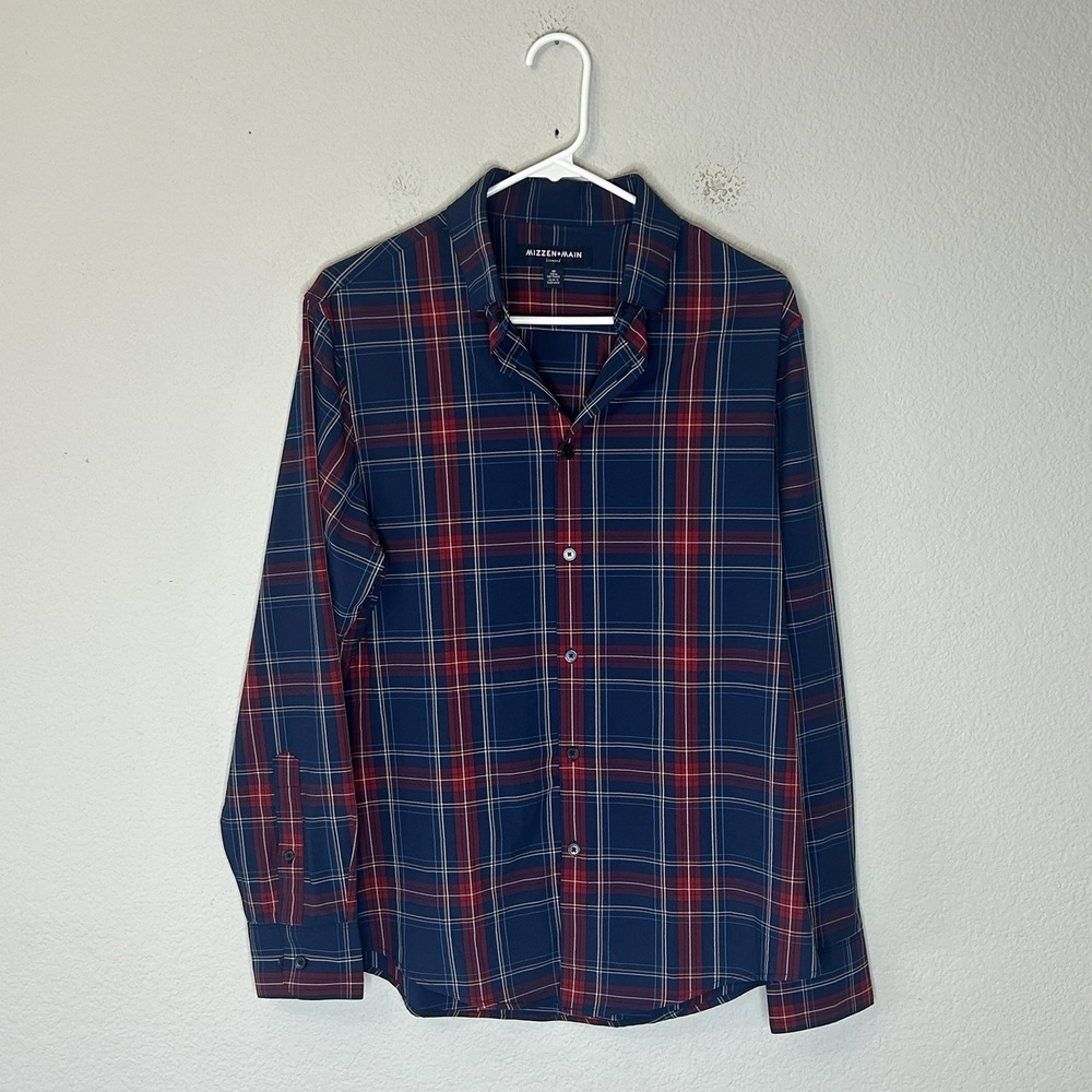 Mizzen Main Leeward Button Up Long Sleeve Plaid Shirt Men's M Red Blue Trim Fit